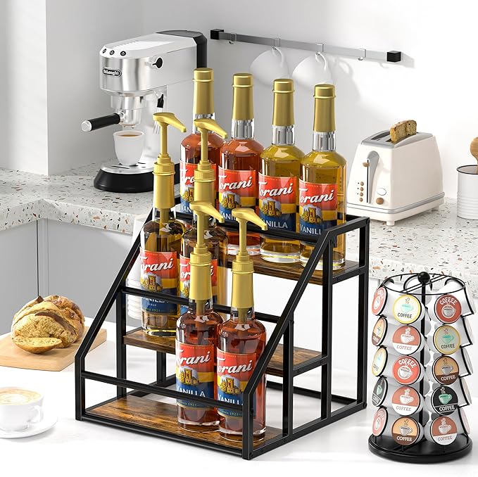 Coffee Syrup Rack Organizer, Spice Racks, Syrup Bottle Holder Stand for Coffee Bar, 3-Tier 12 Bottles Storage Shelves for Syrup, Wine, Dressing for Kitchen Countertop, Rustic Brown & Black