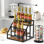 Coffee Syrup Rack Organizer, Spice Racks, Syrup Bottle Holder Stand for Coffee Bar, 3-Tier 12 Bottles Storage Shelves for Syrup, Wine, Dressing for Kitchen Countertop, Rustic Brown & Black