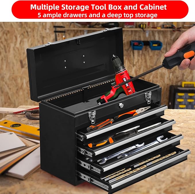 Tool Chest Cabinet, Large Capacity Metal Tool Box with Wheels and Cylinder Locking, Roll Around Storage Organizer Tool Cart for Garage, Redtool cabinets on Wheels (Black, 4-Drawer)