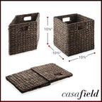Casafield 10.5" x 10.5" Water Hyacinth Storage Baskets, Espresso - Set of 2 Collapsible Cube Organizers, Woven Bins for Bathroom, Bedroom, Laundry, Pantry, Shelves