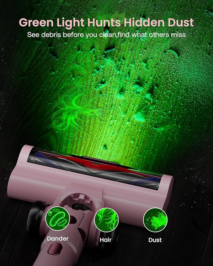 Cordless Vacuum Cleaner for Home, Upgraded 60Kpa Powerful Suction Pet Hair Vacuum with 70min Runtime, Green LED Light for Hardwood Floors & Carpet, Self-Standing Rechargeable Stick Vacuum, Pink