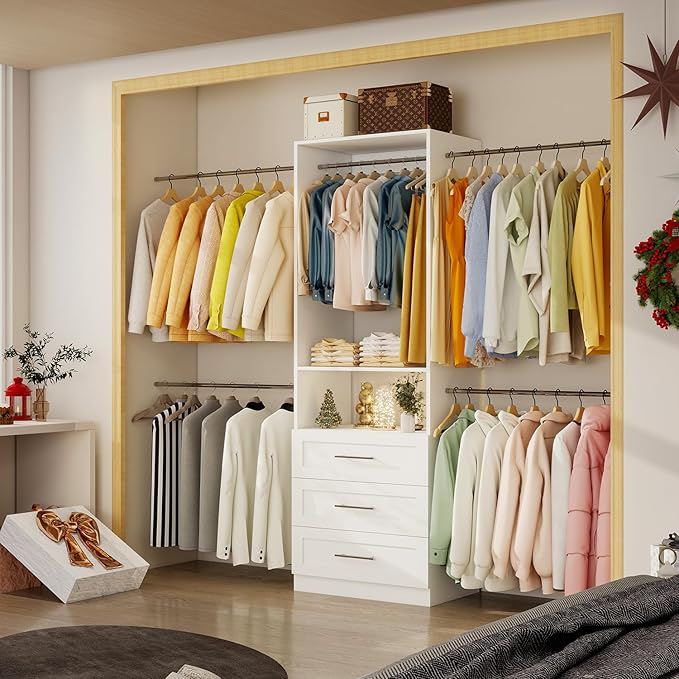 Closet System, 4FT-8FT-9FT Closet Organizer With Drawers Wooden, Walk in Closet System with 5pcs Hanging Rods and Shelves Storage, Closet Built in System Wardrobe Organizer, White