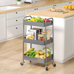 TOOLF 3-Tier Metal Rolling Cart with Wheels, Storage Utility Organizer Cart for Kitchen, Bathroom, Office, Baby Essentials & Makeup - Lockable Casters, Easy Assembly, Large Capacity, Gray