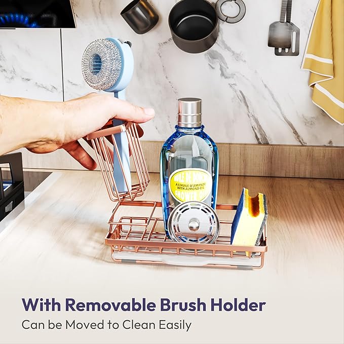 SWTYMIKI Sink Caddy Kitchen Sink Organizer with Detachable Brush Holder, Stainless Steel Sponge Holder with Removable Drip Tray Sponge Caddy for Kitchen Countertop, Rose Gold