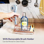 SWTYMIKI Sink Caddy Kitchen Sink Organizer with Detachable Brush Holder, Stainless Steel Sponge Holder with Removable Drip Tray Sponge Caddy for Kitchen Countertop, Rose Gold