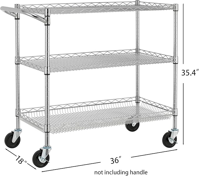 Finnhomy 3 Tier Heavy Duty Commercial Grade Utility Cart, Wire Rolling Cart with Pushing Handle Bar, Steel Metal Kitchen Service Trolly with Wheels, Shelf Size 18" D x 36" W, NSF, Chrome