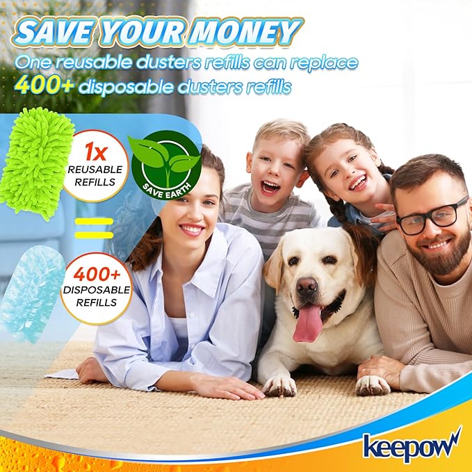 KEEPOW Reusable Duster Refill Compatible with Swiffer Duster Refills, Microfiber Dusters for Cleaning, 4 Color Blue Yellow Orange Green 360° Heavy Duty Duster Refills, 4 Pack(Handle is Not Included)