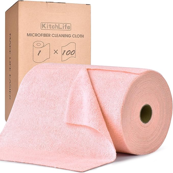 KitchLife Microfiber Cleaning Cloth Roll, 100 Pack - Tear-Away Microfiber Paper Towels, Lint-Free, Reusable, Washable for Kitchen, Car, Dishes, and Sensitive Surfaces (Pink)