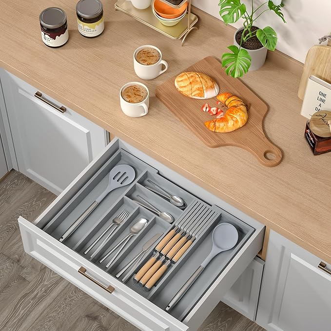 Bamboo-Silverware-Drawer-Organizer-Kitchen, Expandable Utensil Holder Cutlery Tray Flatware Organization Adjustable Wood Tableware Dividers Storage (with Removable Knife Block)(Grey)