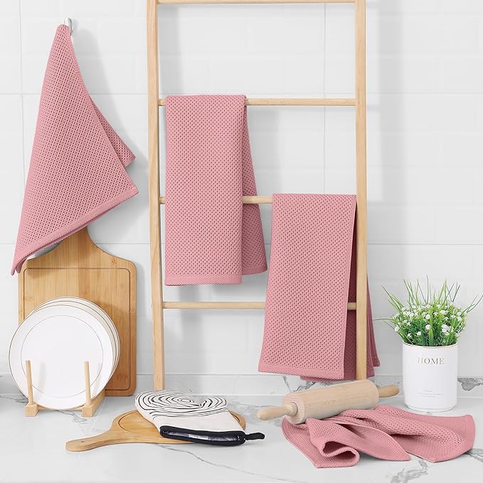 Homaxy 100% Cotton Waffle Weave Kitchen Dish Towels, Ultra Soft Absorbent Quick Drying Cleaning Towel, 13 x 28 Inches, 8-Pack, Dried Rose