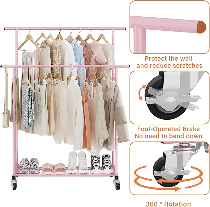 Calmootey Double Rod Clothing Garment Rack,Rolling Hanging Clothes Rack,Portable Clothes Organizer for Bedroom,Living Room,Clothing Store,Pink