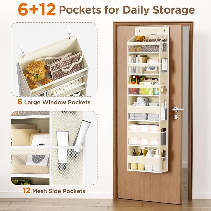 Over The Door Organizer, 6 Shelf Door Hanging Organizers with 6 Large Capacity Pockets, Behind Door Storage Hanging Shelves for Closet Wall Bathroom Bedroom Nursery