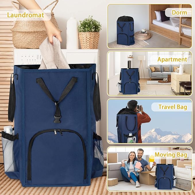 110L Backpack Laundry Bag, Laundry Backpack Heavy Duty with Shoulder Straps, Collapsible and Mesh Pocket Back to School Supplies Hamper Bag for College, Travel, Laundromat, Apartment Blue