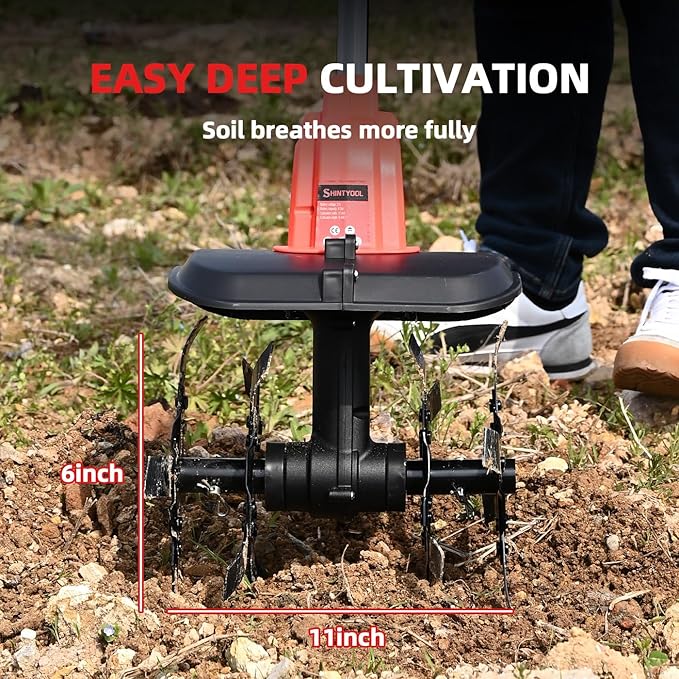 Brushless Cordless Tiller for Gardening,400 RPM Cultivators for Gardening Has Battery Capacity Display with 4.0 Ah Battery, Rototiller 11 in Tilling Width, 6 in Depth by SHINTYOOL