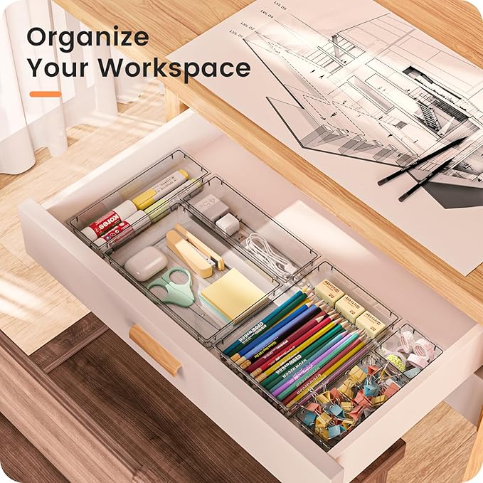 【Crystal Design】A-LUGEI Clear Drawer Organizer,【Military Grade】Acrylic Makeup Organizer, Bathroom Organizers and Storage, Organization and Storage, Organizer Bins for Office Vanity Kitchen Tool Trays