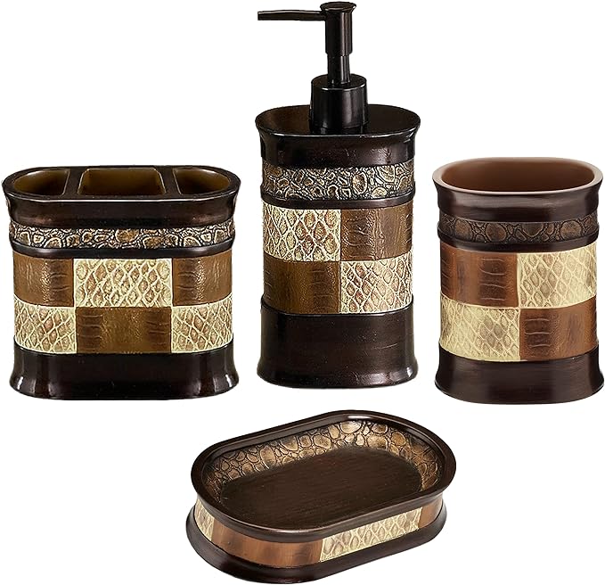Zahari Home 4pc Zambia Stylish Bathroom Accessories Set Soap Pump, Tumbler, Tooth Brush Holder and Soap Dish Modern Classic Luxury Contemporary Decor Unique Design Animal Western Bath Set