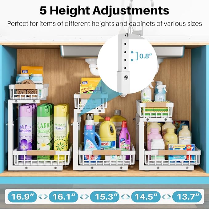 2 Packs Under Sink Organizer,Small Shelf for narrow spaces,2 Tiers Pull Out Under Cabinet Organizer,Adjustable Height,Slide Out Thickened Metal Under,White