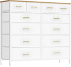 White Dresser for Bedroom with 12 Deep Drawers, Wide Chest of Drawers, 55" TV Stand with Retro Wood Top, Tall Fabric Dresser for Closet, Nursery
