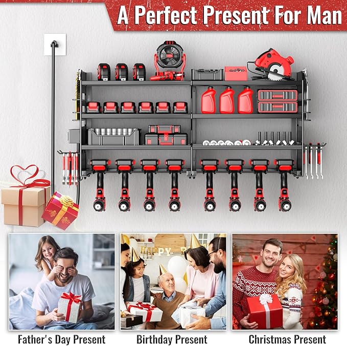 Large Power Tool Organizer Wall Mount with Charging Station, 4 Layer Heavy Duty Metal Cordless Tool Organizer, Tool Storage Rack with 8 Cordless Drill Holder Screwdriver Hammer(Black)