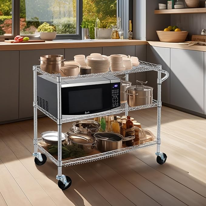 Finnhomy 3 Tier Heavy Duty Commercial Grade Utility Cart, Wire Rolling Cart with Pushing Handle Bar, Steel Metal Kitchen Service Trolly with Wheels, Shelf Size 18" D x 36" W, NSF, Chrome