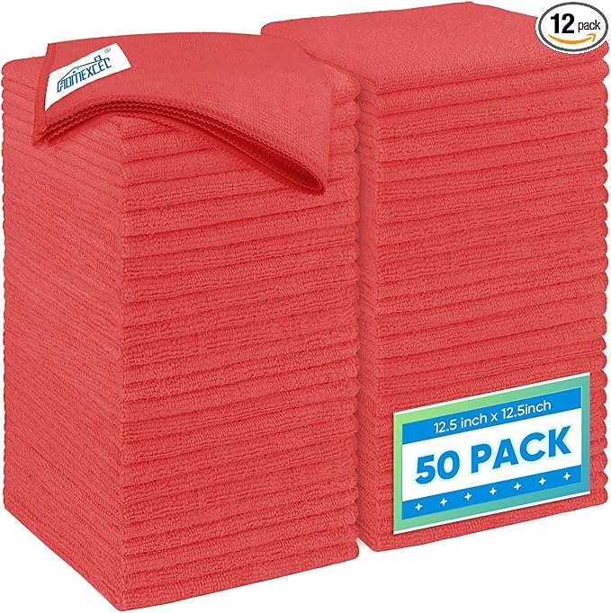 HOMEXCEL Red Microfiber Cleaning Cloth 12 Pack, 12.5 x 12.5 inch Microfiber Towels for Cars, Ultra Absorbent Car Washing Cloth, Lint Free Streak Free Cleaning Rags for Car, Kitchen, and Window