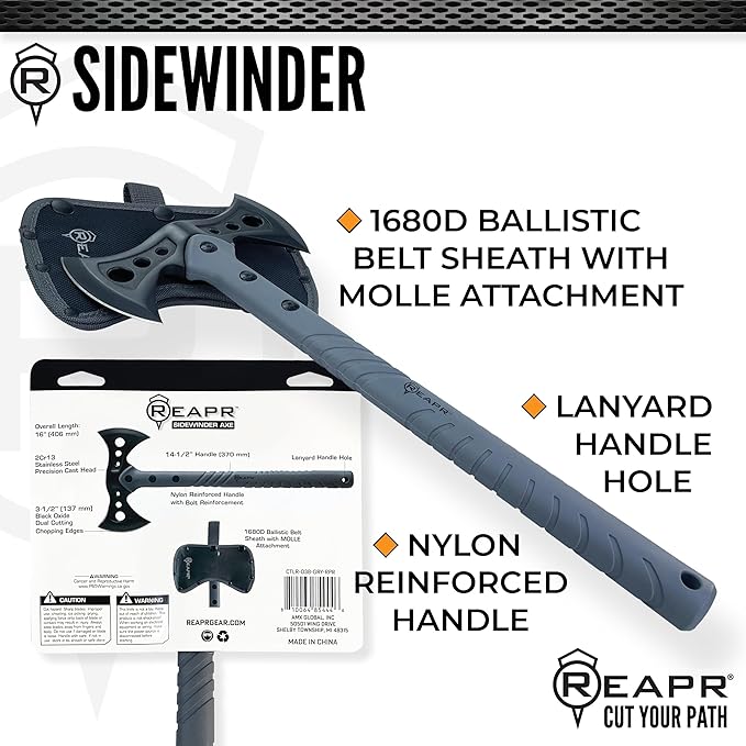 Reapr Sidewinder Tactical Double Axe – 16" Dual-Headed Survival Hatchet with 2Cr13 Stainless Steel Cast Head, Black Oxide Finish, Nylon-Reinforced Handle, Ballistic Sheath – Camping, Hunting, Outdoor