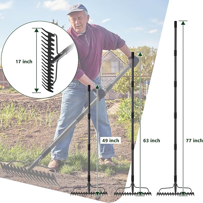 77'' Bow Rake ，17 Tines Metal Head Rakes with Stainless Steel Handle，Heavy Duty Garden Rake for Loosening Soil Gathering Leaf Leveling Lawn Farming Land Management Yarn Thatch Rake