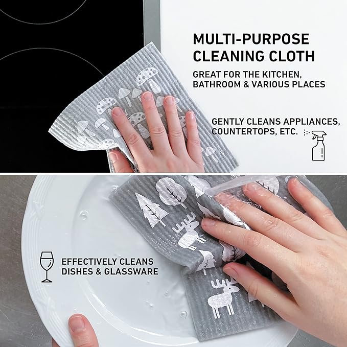 Nordhus Design Swedish Dishcloths,10 Grey Cloths, Made in Sweden - Reusable, Washable Cellulose Cotton Kitchen Cloths - Replace Paper Towels, Wipes, Sponges, Dish Rags