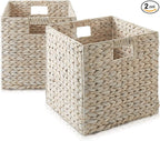 Casafield 12" x 12" Hyacinth Storage Baskets, Whitewash - Set of 2 Storage Organizers, Woven Wicker Cubes for Bathroom, Bedroom, Laundry, Shelves