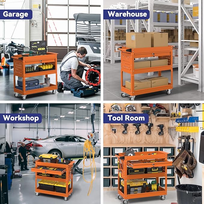 3 Tier Rolling Tool Cart with Drawer, 450 LBS Heavy Duty Utility Cart on Wheels, Service Cart for Garage, Workshop and Warehouse (Orange)