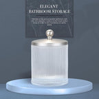 Clear Transparent Apothecary Ribbed Geometric Etched Glass Jar W/Satin Nickel Metal Lid for Bathroom Organization, Cotton Balls, Q Tips, and Small Accessories, Bathroom Storage