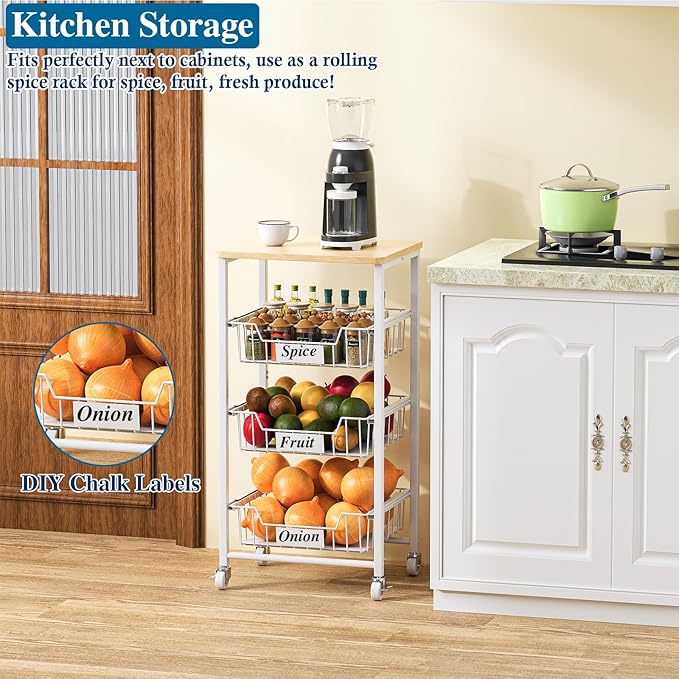 4-Tier Small Kitchen Storage Cart on Wheels with Pull-Out Drawers, Rolling Pantry and Snack Organizer Cart with Wood Top, Kitchen Floor Fruit Basket Stand for Fruit Potato Onion Veggie Snack