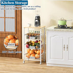 4-Tier Small Kitchen Storage Cart on Wheels with Pull-Out Drawers, Rolling Pantry and Snack Organizer Cart with Wood Top, Kitchen Floor Fruit Basket Stand for Fruit Potato Onion Veggie Snack