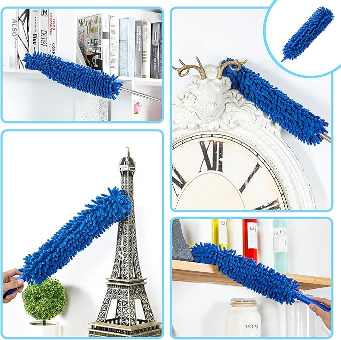 Duster, Microfiber Dusters with 2 Handle Sets, Durable 15-100 Inches Long Telescopic Rod, Washable, Feather Dusters for Cleaning Cobweb and Ceilings Fans, 5 Pack (Blue)