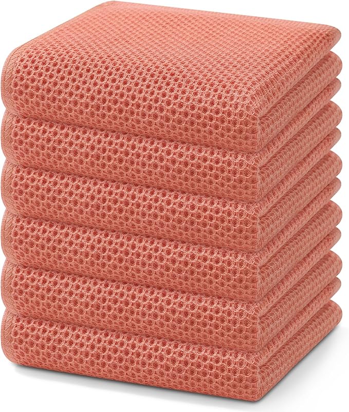 Homaxy 100% Cotton Waffle Weave Kitchen Dish Towels, Ultra Soft Absorbent Quick Drying Cleaning Towel, 13 x 28 Inches, 6-Pack, Coral