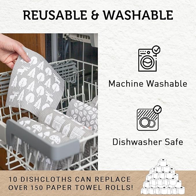 Nordhus Design Swedish Dishcloths,10 Grey Cloths, Made in Sweden - Reusable, Washable Cellulose Cotton Kitchen Cloths - Replace Paper Towels, Wipes, Sponges, Dish Rags