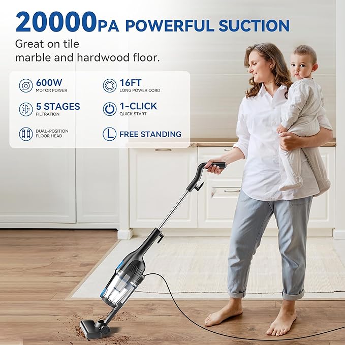 Corded Stick Vacuum Cleaner, 20000pa Powerful Suction Stick Vacuum with 16Ft Cord, 2 in 1 Lightweight Vacuum Cleaner for Hard Floor Pet Hair - Blue