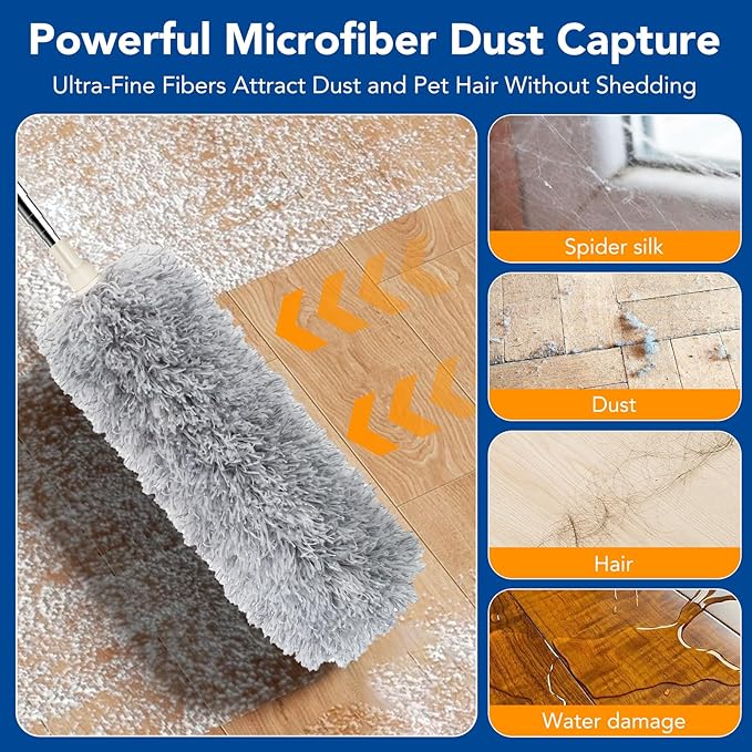 Azun Dusters for Cleaning, Ceiling Fan Cleaner Duster with Extension Pole 30"– 96", Reusable Microfiber Duster for High Ceilings, Walls, Blinds, Cobwebs, Furniture, Indoor & Outdoor Use