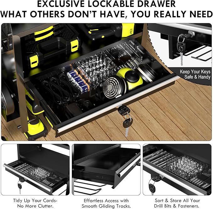 KSVO Power Tool Organizer Wall Mount with Drill Rack & Locking Drawers - Heavy Duty Metal Tool Shelf for Garage, Workshop, Shed, Basement Tool Organization - Gift for Men/Father (Black)