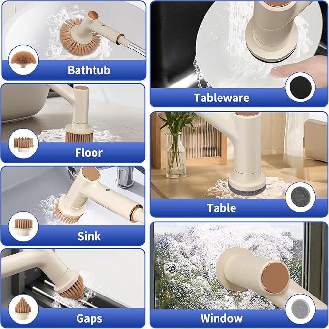 Electric Spin Scrubber, IPX5 Waterproof Bathroom Scrubber with 2 Speeds, Cordless Cleaning Brush with 7 Brush Heads, Adjustable Power Shower Scrubber for Tub Kitchen Floor Car Cleaning