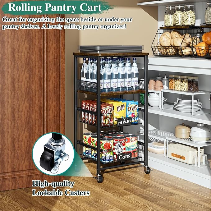 4-Tier Small Kitchen Storage Cart on Wheels, Rolling Pantry and Snack Organizer Cart with Pull-Out Baskets & Wood Top, Utility Kitchen Fruit Basket Stand for Fruit Potato Onion Vegetable Snack
