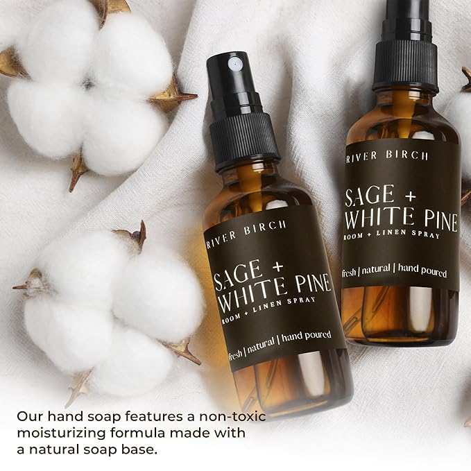 River Birch Luxury Linen and Room Spray - Sage + White Pine Home Signature Scent - Room Fragrance Spray - Fragrant Fresh Linen Air Freshener For Bedding - Handmade in Texas - 4 oz Glass Amber Bottle