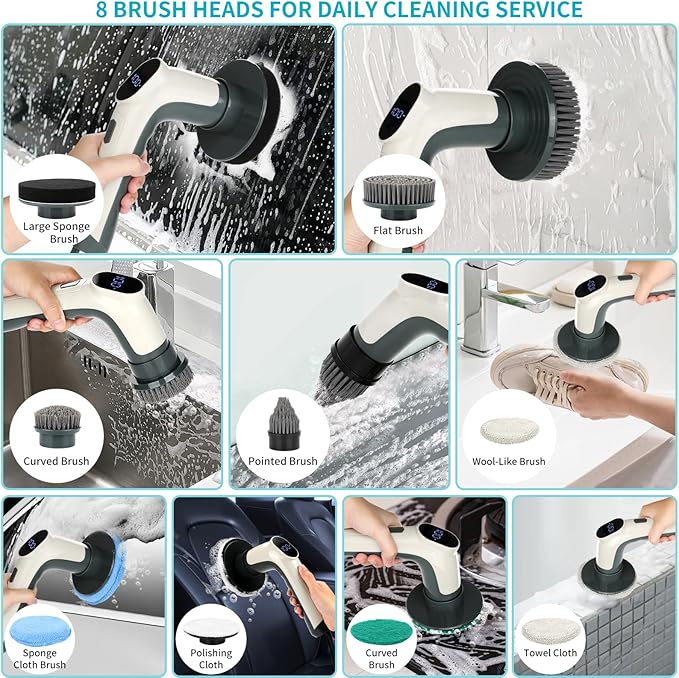 Electric Rotary Cleaner with Led Screen, 8 Replaceable Brush Heads, 2 Speeds, Handheld Electric Multifunctional Cleaning Brush, Used for Cleaning of Floors, Windows, Bathtubs, Cars, Bathrooms