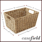 Casafield Set of 4 Seagrass Storage Baskets with Handles - Natural, Woven Rectangular Storage Bins for Shelves, Blankets, Laundry Organization