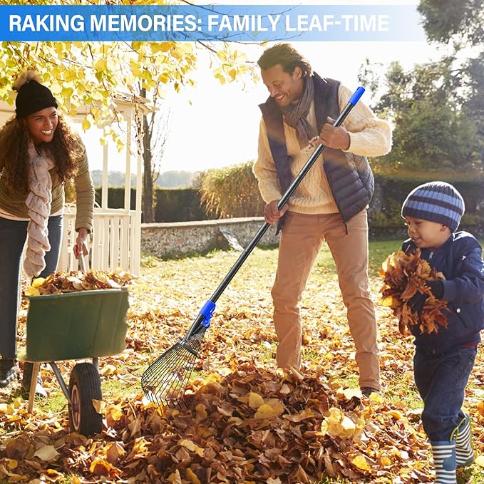 Rake for Leaves - Metal Leaf Rake for Lawn & Garden, Expandable Head 9"-17", 75" Adjustable Handle for Kids & Adults - Effortless Gardening, Portable Camping Rakes with Tool-Free Assembly