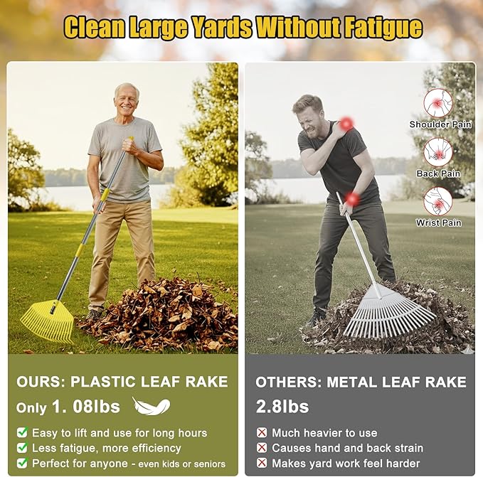 Lightweight Leaf Rake for Lawn & Garden - Durable Nylon Plastic Head, Easy Yard Cleanup for Women, Seniors & Kids, 16.5" Wide Rake for Leaves, Grass & Pine Needles, Adjustable Handle 35–50"