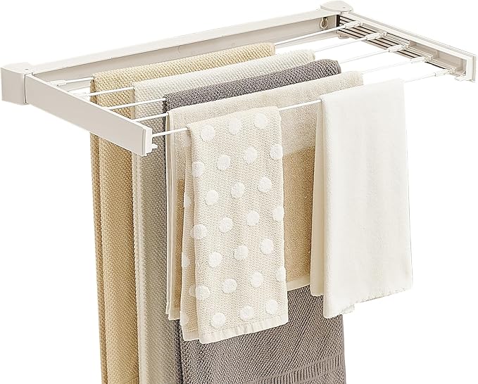 JOOM Laundry Drying Rack Collapsible, Wall Mounted Drying Rack, Clothes Drying Rack, Retractable Drying Racks, 27.5" Wide, 5 Aluminum Rods, 60 lb Capacity (White 27.5")