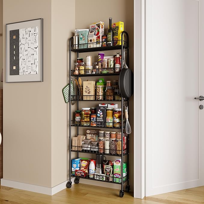 6 Tier Slim Storage Cart with Wheels, Metal Mobile Shelving Unit Organizer Utility Cart for Office Bathroom Kitchen Laundry Room Narrow Places (6inches)