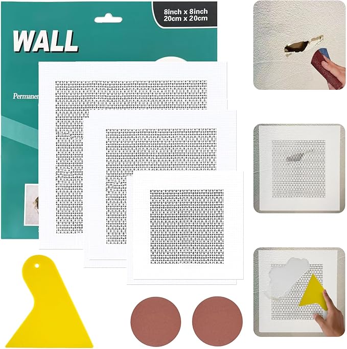 8 Pack Drywall Repair Kit, 4/6/8 Inch Dry Wall Patch Kits for Small to Medium Holes with Scraper&Sandpapers, Heavy Duty Self-Adhesive Mesh, Drywall Hole Repair Kit for Wall Ceiling