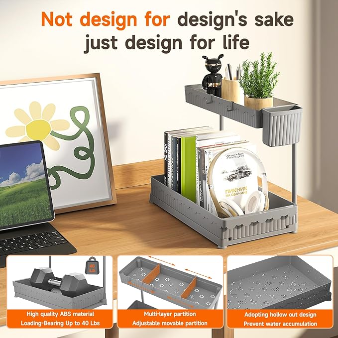 3 Pack Multi-Purpose Under Sink Organizers and Storage, 2027 L-Shaped Pull Out Cabinet Organizer for Bathroom & Kitchen, Under Cabinet Organizer with Hooks Hanging Cup, Grey